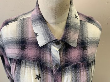 Womens, Blouse, VINTAGE HAVANNA, White, Black, Mauve Pink, Rayon, Plaid, Stars, S, Long Sleeves, Button Front, Collar Attached,