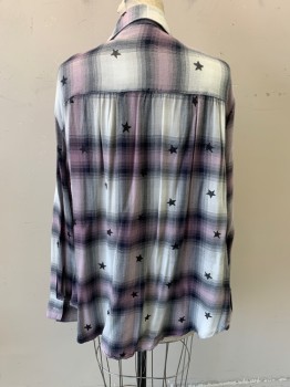 VINTAGE HAVANNA, White, Black, Mauve Pink, Rayon, Plaid, Stars, Long Sleeves, Button Front, Collar Attached,