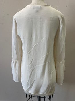 Womens, Blouse, J CREW, Cream, Silk, Solid, 00, Jewel Neck, Pull On, Flared L/S, Button Close At CF Neck