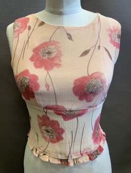 Womens, Top, MOSCHINO CHEAP NCHIC, Peach Orange, Pink, Lt Brown, Cotton, Floral, B:32, Gauzy Material, Sleeveless, Buttons in Back, Round Neck, Empire/Under Bust Seam, Fitted