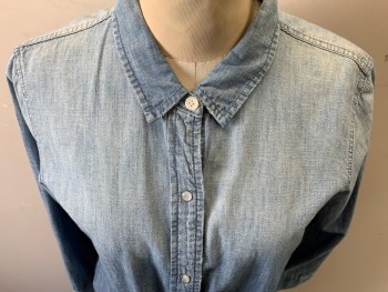 Womens, Blouse, CURRENT ELLIOTT, Lt Blue, Cotton, Hemp, Faded, B 36, S, 3/4 Sleeve, Snap Front, Collar Attached, Self Tie Front