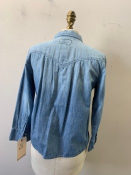 Womens, Blouse, CURRENT ELLIOTT, Lt Blue, Cotton, Hemp, Faded, B 36, S, 3/4 Sleeve, Snap Front, Collar Attached, Self Tie Front