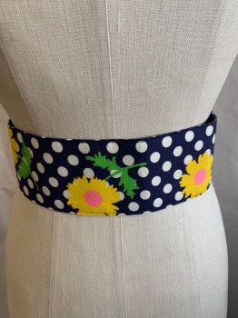 BOBBY BROOKS, Navy Blue, White, Yellow, Pink, Cotton, Vinyl, Floral, Wide Covered Belt And Buckle