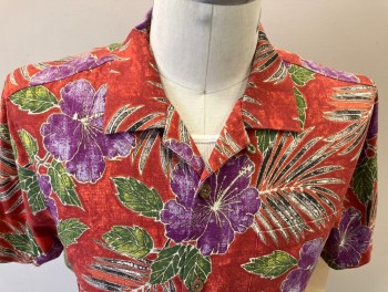 TOMMY BAHAMA, Rust Orange, Purple, White, Black, Green, Silk, Polyester, Tropical , *Has Been Altered, B.F., S/S, C.A., 1 Pckt,