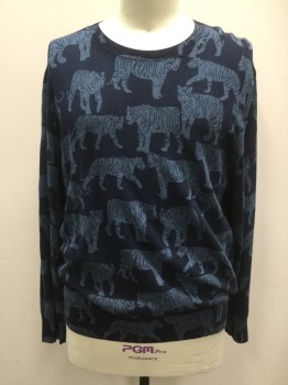 Mens, Pullover Sweater, BONOBOS, Navy Blue, Slate Blue, Wool, Silk, Animals, XXL, Tigers, L/S, Ribbed Knit Collar/Cuff/Waistband