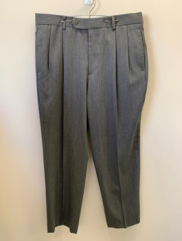 Mens, Slacks, BROOKS BROTHERS, Lt Gray, Wool, Solid, L30, W32, Gabardine, Zip Front, Button Closure, Pleated Front, 4 Pockets, Variegated Color
