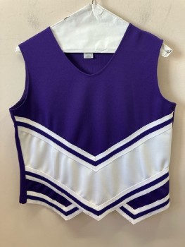 TEAM WORK, Dk Purple, White, Polyester, Color Blocking, Scoop Neck, Sleeveless, Purple & White "V" Shape Trim, Zig Zag Hem