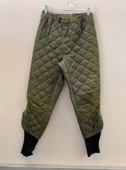 NL, Olive Green, Synthetic, Solid, Velcro Fly, Elastic Waistband, Velcro Closure On Right Hip, Bttn Tab At Right Waistband, Velcro Closure On Side Of Legs, Black Stretch Fabric At Hems, Quilted, Aged/Distressed,