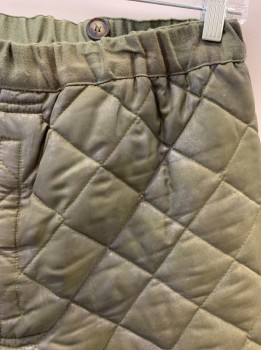 Mens, Sci-Fi/Fantasy Pants, NL, Olive Green, Synthetic, Solid, 33, Velcro Fly, Elastic Waistband, Velcro Closure On Right Hip, Bttn Tab At Right Waistband, Velcro Closure On Side Of Legs, Black Stretch Fabric At Hems, Quilted, Aged/Distressed,