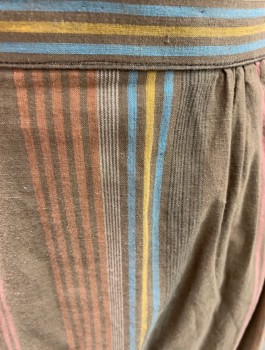Womens, Historical Fiction Skirt, NL, Brown, Yellow, Turquoise Blue, Pink, White, Cotton, Stripes - Vertical , 34+, Drawstring Waist, Ties In Back,  8" Flat Front