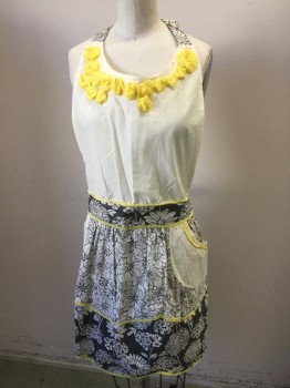 MTO, Charcoal Gray, Off White, Yellow, Cotton, Solid, Floral, Large Print Floral, Yellow Binding, Yellow Fabric Flowers