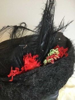 N/L, Black, Brown, Red, Green, Synthetic, Basket Weave, HAT:  Black/brown Fine Basket Weaving W/black Feather and Red,green Cut-out Leaves W/fringe Piece Along The Crown, Black Lining,