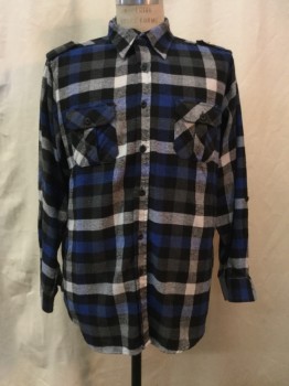 Mens, Casual Shirt, MONTAGE, Blue, Black, Gray, White, Cotton, Plaid, L, Blue/ Black/ Gray/ White Plaid, Button Front, Collar Attached, Long Sleeves, Epaulets, 2 Flap Pockets, Triple,