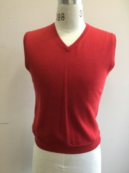 Mens, Sweater Vest, JOS A. BANKS, Red, Wool, Solid, S, V-neck, Ribbed Knit Collar/Armhole/Waistband