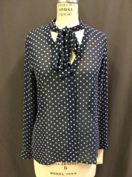 MAISON JULES, Navy Blue, White, Polyester, Viscose, Dots, Sheer with Embroidered Dot, V-neck, Button Front, Attached Scarf Tie, Long Sleeves with Button Cuffs