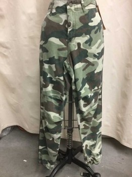 Womens, Pants, MOTHER, Olive Green, Forest Green, Brown, Red, Navy Blue, Cotton, Camouflage, Stripes - Vertical , 28, Flat Front, Zipper Front, 4 Pockets, Poly Web Side Stripes, Elastic Ankles