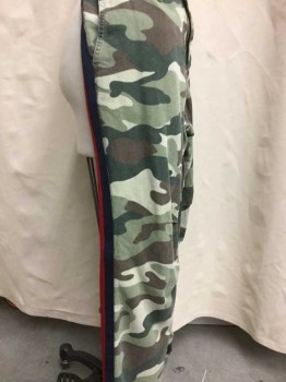 MOTHER, Olive Green, Forest Green, Brown, Red, Navy Blue, Cotton, Camouflage, Stripes - Vertical , Flat Front, Zipper Front, 4 Pockets, Poly Web Side Stripes, Elastic Ankles