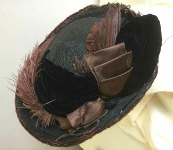 N/L, Black, Brown, Straw, Feathers, Solid, Black Straw, Brown Feather Edging At Brim, Brown Silk Satin and Black Velvet Bows, Large Brown Ostrich Feather, Made To Order,