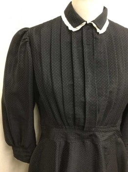 NO LABEL, Black, White, Wool, Silk, Polka Dots, Long Sleeves, Off White Lace Trim, Vertical and Horizontal Pleats, Shoulder Shirring, Hook and Eye Closure At Bust, Clasp Closure At Waist,