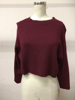 Womens, Pullover, BCBG, Red Burgundy, Polyester, Solid, XS, Drop Shoulder, Round Neck, Cropped, Boxy