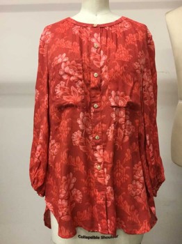 Anthropology, Red, Salmon Pink, Pink, Viscose, Floral, Sheer, Round Neck,  2 Pockets, 3/4 Sleeve, Elastic Cuffs, Double