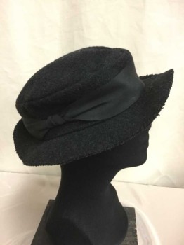 NO LABEL, Charcoal Gray, Black, Wool, Felt, Wool Felt Hat, Wide Grossgrain Hat Band with Knot Detail,