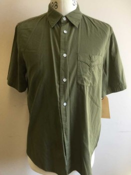 RAG & BONE, Olive Green, Cotton, Solid, Button Front, Collar Attached, Short Sleeves, 1 Pocket,