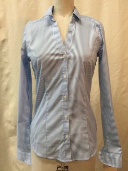 Womens, Blouse, H&M, White, Blue, Cotton, Synthetic, Stripes, 2, White/ Blue Stripes, Button Front, Collar Attached, Long Sleeves,