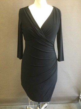 Womens, Dress, Long & 3/4 Sleeve, RALPH LAUREN, Black, Polyester, Spandex, Solid, 14, Long Sleeves, Wrapped V-neck, Ruched at Side Seam at Hip, and at Shoulder Seams, Knee Length