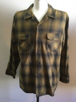 PENDLETON, Ochre Brown-Yellow, Black, Wool, Plaid, Button Front, Long Sleeves, Collar Attached, 2 Flap Pockets