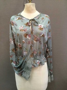 Womens, Blouse, N/L, Sea Foam Green, Dusty Rose Pink, Brown, Black, White, Polyester, Floral, B36, Crew Neck with Slit & Self Tie, Elasticated Smocked Waist. Wide Long Sleeves with Seafoam Green Lace Trim