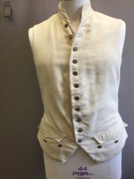 M.B.A. Ltd.., Cream, Cotton, Solid, 1795 To 1812 Naval Officer's Vest. Cotton Moleskin. Aged Down. 11 Brass Button Front. Naval Anchor Design on  Buttons. 2 Button Down Pocket Flaps. Cotton Back with Twill Lacing for Waist Adjustment