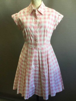 ELIZA J. , Lt Pink, White, Cotton, Spandex, Check , Button Front, Collar Attached, Cap Cuffed Sleeve with Button Tab, Pleated Skirt, Hem Below Knee