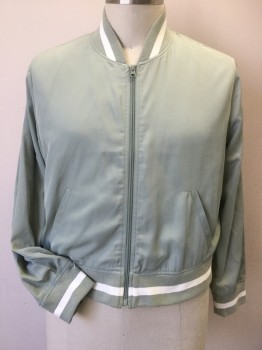Mens, Casual Jacket, GAP, Mint Green, Off White, Polyester, Solid, 2 XL, Slate Mint, Slate Mint W/off White Ribbed Knit Collar Attached, Cuffs & Hem, Zip Front, 2 Slant Pockets, Long Sleeves,
