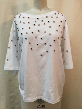 THE KOOPLES, White, Multi-color, Cotton, Solid, White, Crew Neck, Short Sleeves, Colorful Rhinestones