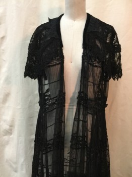 Womens, SPA Robe, NO LABEL, Black, Synthetic, Solid, OS, Accordion Pleated Sheer Black Net with Sparkly Textured Stripes, Black Lace Capelet, Sleeveless