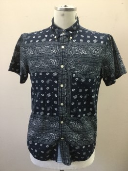 TOMMY HILFIGER, Navy Blue, White, Cotton, Paisley/Swirls, Classic Bandanna Print Fabric. Short Sleeves, Collar Attached, Button Front, 1 Pocket, Button Down Collar