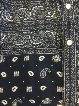 TOMMY HILFIGER, Navy Blue, White, Cotton, Paisley/Swirls, Classic Bandanna Print Fabric. Short Sleeves, Collar Attached, Button Front, 1 Pocket, Button Down Collar