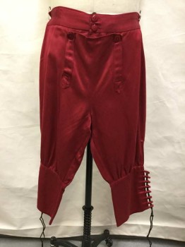Mens, Historical Fiction Pants, MTO, Red, Polyester, Solid, Breeches, Semi Shiny, Lace Up Back Waist And Cuffs