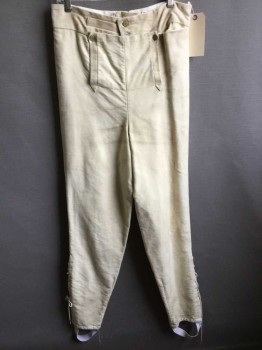 Mens, Historical Fiction Pants, Cream, Cotton, Solid, 34+, Aged/Distressed,  Fall Front, Brass Anchor Buttons, 2 Pockets, Stirrups, Suspender Buttons, Lacing/Ties Center Back And Calves, Uniform, Dandy, Very High Waist, Multiples