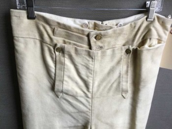 Mens, Historical Fiction Pants, Cream, Cotton, Solid, 34+, Aged/Distressed,  Fall Front, Brass Anchor Buttons, 2 Pockets, Stirrups, Suspender Buttons, Lacing/Ties Center Back And Calves, Uniform, Dandy, Very High Waist, Multiples