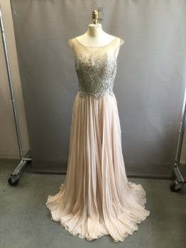 Womens, Evening Gown, MUSCANI, Beige, Taupe, Pewter Gray, Silk, Synthetic, Floral, Solid, W28, B36, Taupe Lace Bodice Encrusted in Pewter Rhinestones with Pale Taupe Mesh Net Shoulder Straps. Beige Knife Pleated Silk Skirt, Open Back Bodice. Skirt with Zipper Center Back,