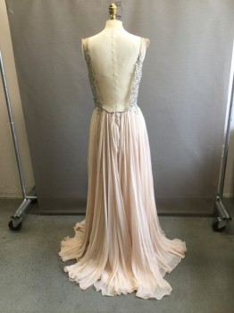 Womens, Evening Gown, MUSCANI, Beige, Taupe, Pewter Gray, Silk, Synthetic, Floral, Solid, W28, B36, Taupe Lace Bodice Encrusted in Pewter Rhinestones with Pale Taupe Mesh Net Shoulder Straps. Beige Knife Pleated Silk Skirt, Open Back Bodice. Skirt with Zipper Center Back,