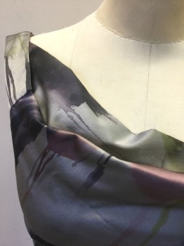 BLACK HALO, Gray, Lime Green, Red Burgundy, Charcoal Gray, Silk, Abstract , Watercolor Pattern Gray/Lime/Burgundy/Charcoal Paint Spatters, Sleeveless, Asymmetric Cowl Neck, Hem Above Knee