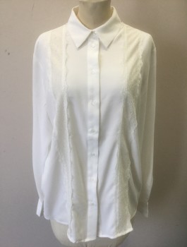 H&M, White, Polyester, Polyamide, Solid, Crepe De Chine, Long Sleeve Button Front, 2 Columns of Lace Down Each Side of Front, Collar Attached