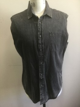 N/L, Faded Black, Cotton, Faded, Cut Off Sleeves, Button Front, Collar Attached, 1 Patch Pocket