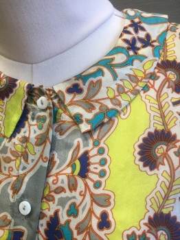 JOHNNY WAS, Multi-color, Off White, Neon Yellow, Turquoise Blue, Blue, Silk, Abstract , Floral, Funky Pattern, Long Sleeve Button Front, Round Collar Attached, Boxy Fit