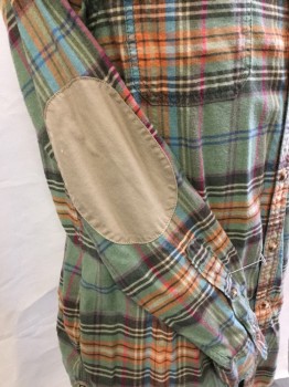 CREMIEUX, Green, Olive Green, Red, Orange, Brown, Cotton, Polyester, Plaid, Green with Olive, Neon Red, Orange, Brown, Turquoise Plaid, 2 Pockets, Long Sleeves with Khaki Oval Elbow Patch