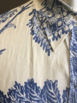 RALPH LAUREN, Ecru, Dk Blue, Linen, Leaves/Vines , Batik, Ecru Linen with Batik Dye Leaves/Vines Pattern, 3/4 Sleeve Button Front, Collar Attached