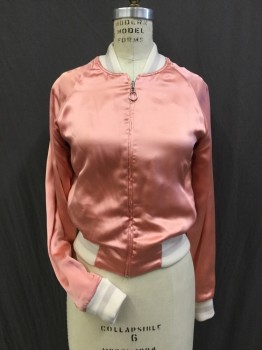 Womens, Blazer, ELIZABETH AND JAMES, Rose Pink, Cream, Lt Gray, Silk, Synthetic, Solid, Stripes, S, Reversable . One Side - Rose Pink Silk Bomber Jacket with No Padding. Cream and Light Gray Ribbed Knit Waist, Collar Band & Cuffs & White Daisy Embroidery at Back. Other Side - Beige & Cream Panels  - Barcode is Located in Cream Side Pocket ( Left Side)
